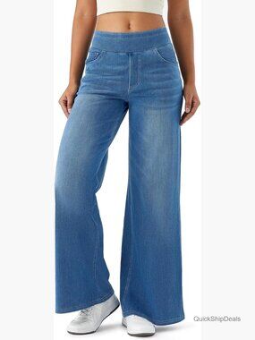 High Waisted Wide Leg Pull On Stretch Denim Jeans with Pockets